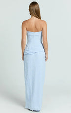Berri Maxi Dress - Strapless Jacquard High Split Dress in Blue