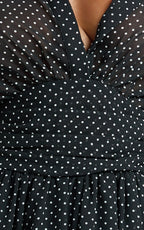 Valerie Mini Dress - Collared Long Sleeve Waist Shirt Dress in Black Polka Dot