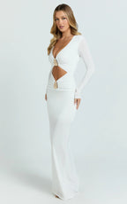 Dakota Maxi Dress - Long Sleeve V Neck Bodycon Dress in Cream
