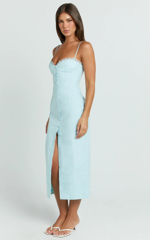 Anessa Midi Dress - Button Front Bustier Fitted Dress in Blue