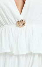 Heidi Maxi Dress - Deep V Plunge Halter Neck Brooch Detail Split Skirt Dress in White