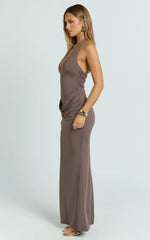 Heath Maxi Dress - Scoop Halter Neck With Drape Front Skirt Back Split Dress in Brown