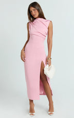 Veronnie Midi Dress - Tucked High Neck Sleeveless Fitted Leg Split Skirt Dress in Pink