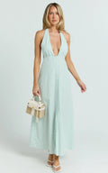 Jeienn Midi Dress - Line Placket Front Skirt Dress in Mint Stripe