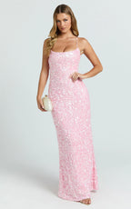 Clara Maxi Dress - Scoop Neck Tie Back Fitted Sequin Dress in Pink
