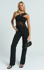 Rosie Top - Asymmetrical Lace Panel Top in Black