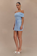 Mallory Off Shoulder Embroidered Knit Mini Dress - Ice Blue