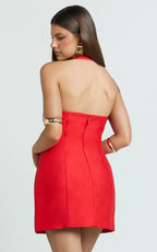 Lucie Mini Dress - Halter Neck Tulip Dress in Red