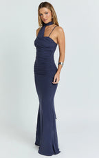 Larson Maxi Dress - Asymmetric Tie Neck Column Dress in Ink