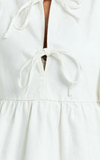 Shailene Mini Dress - Tie Front Puff Sleeve Recycled Denim Dress in Ecru
