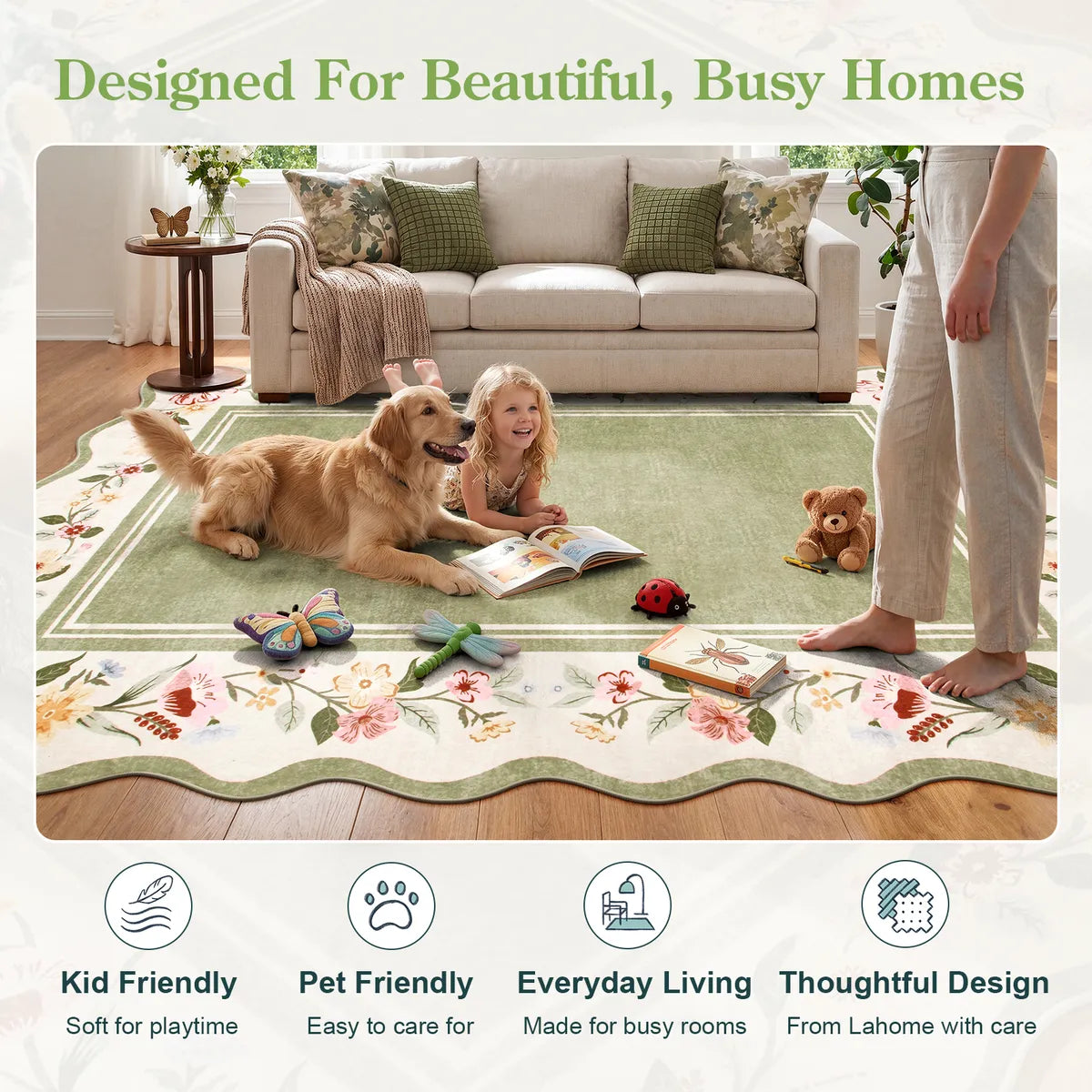 Ariele Washable Vintage Floral Scalloped Sage Green Rug