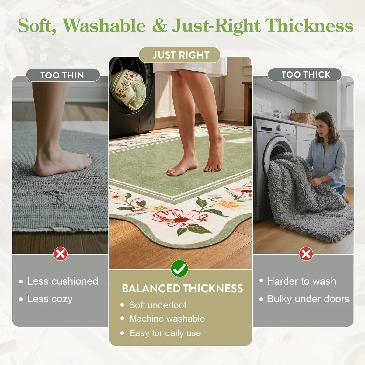Ariele Washable Vintage Floral Scalloped Sage Green Rug