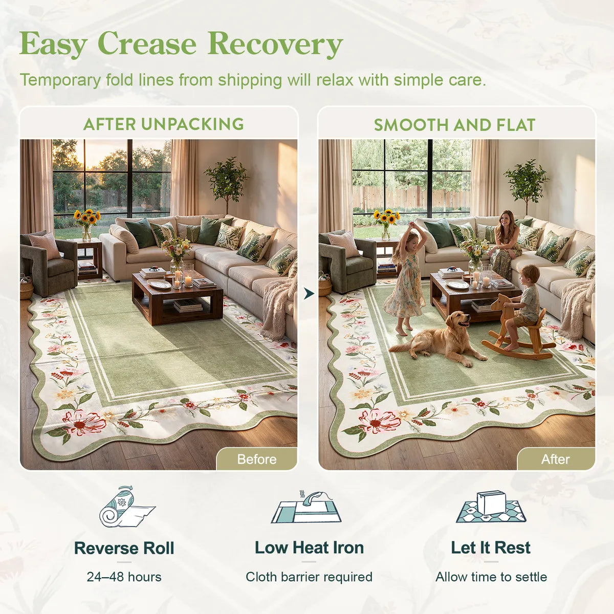 Ariele Washable Vintage Floral Scalloped Sage Green Rug