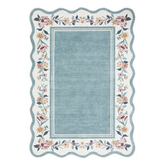 Ariele Washable Vintage Floral Scalloped Dusty Blue Rug