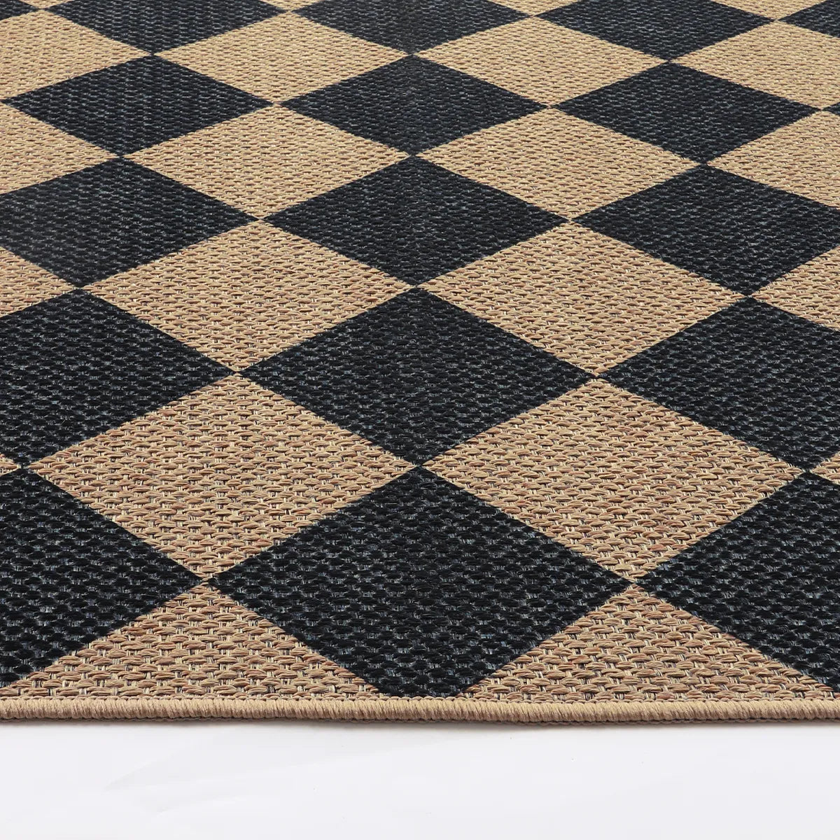 Coline Washable Geometric Checkered Easy Jute Black Indoor/Outdoor Runner Rug