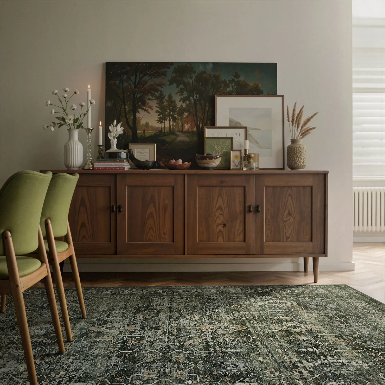 Margot Washable Vintage Distressed Dark Green Rug