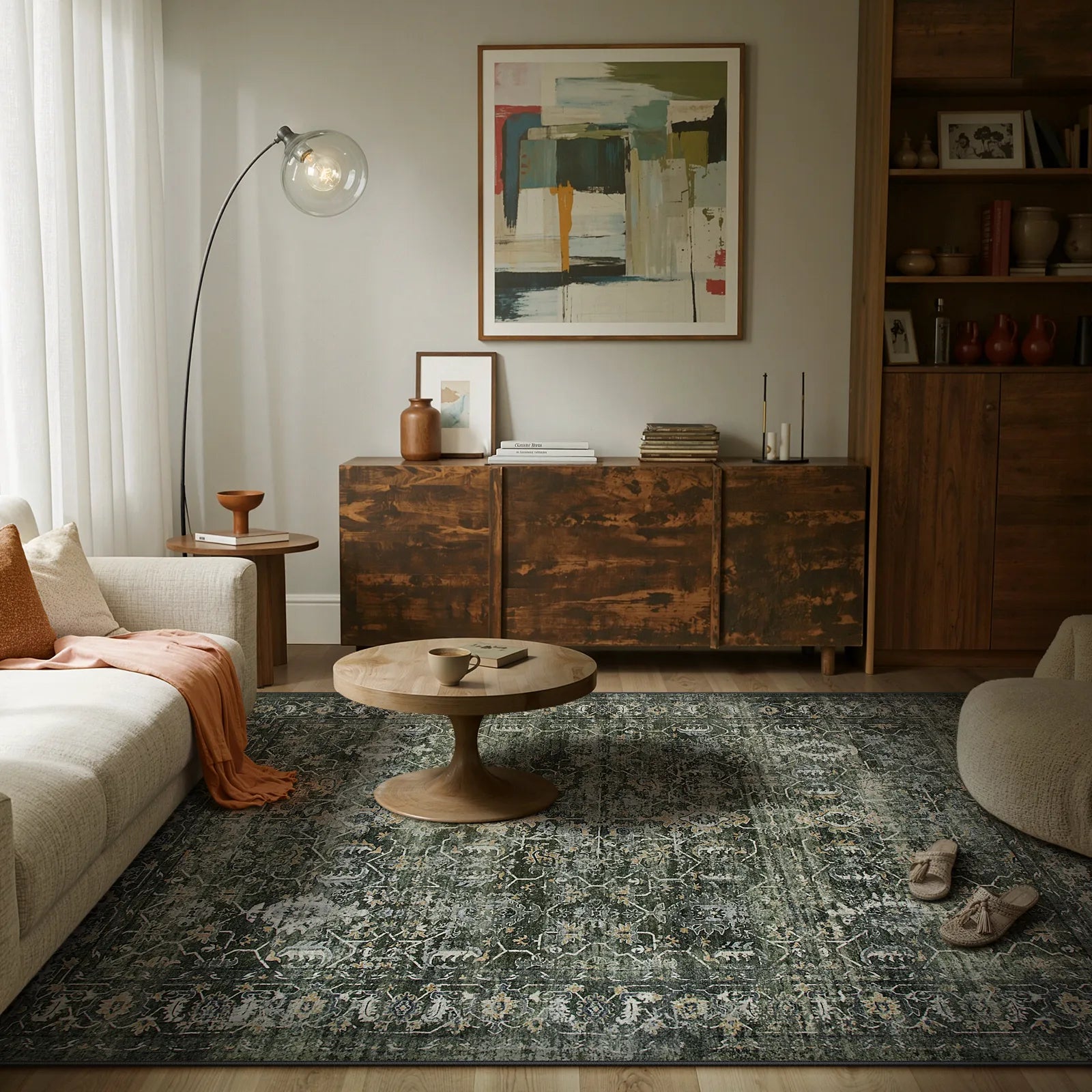 Margot Washable Vintage Distressed Dark Green Rug