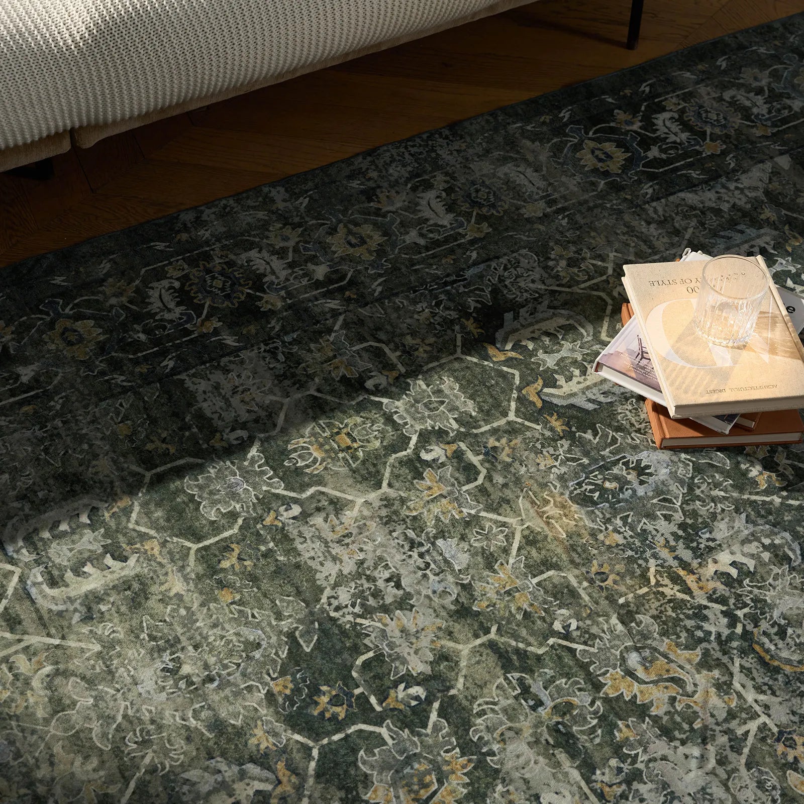 Margot Washable Vintage Distressed Dark Green Rug