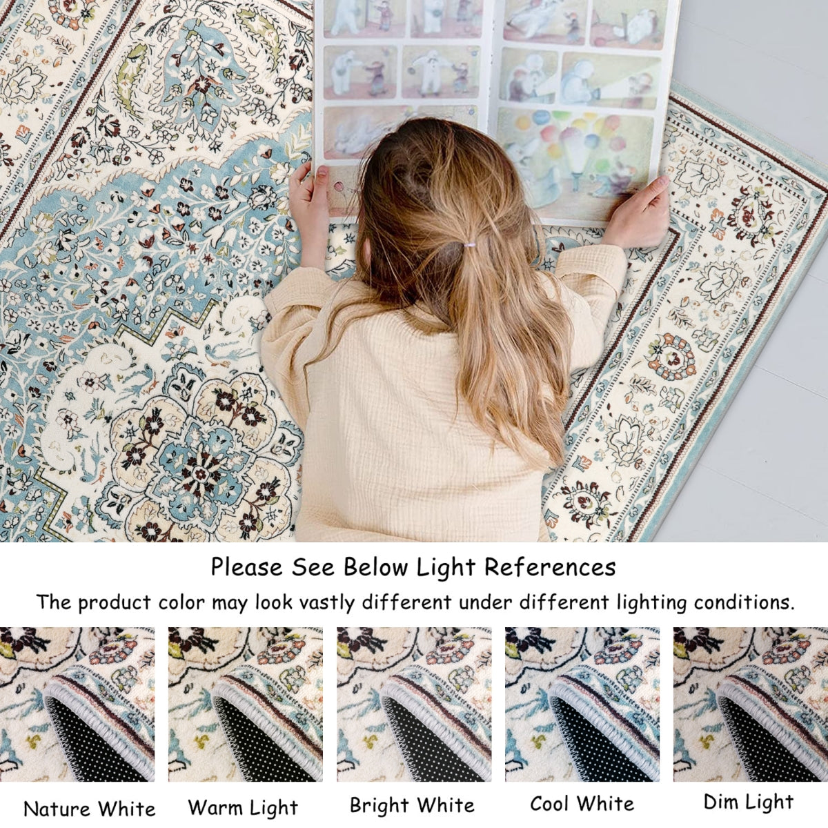 Agnes Washable Boho Floral Medallion Light Blue Rug