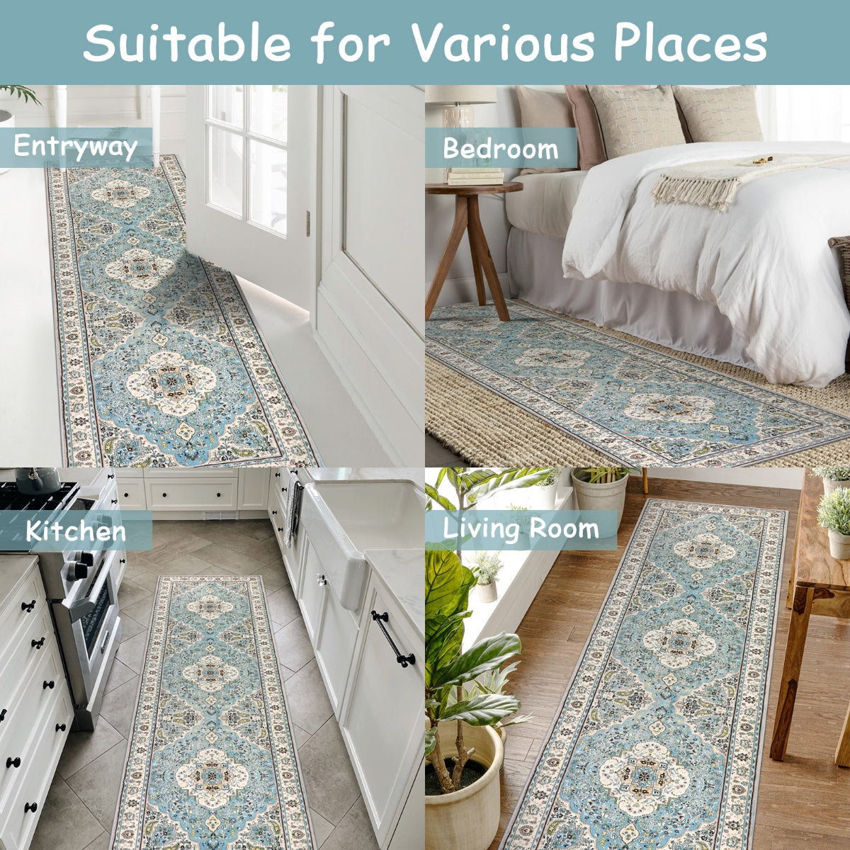 Agnes Washable Boho Floral Medallion Light Blue Rug