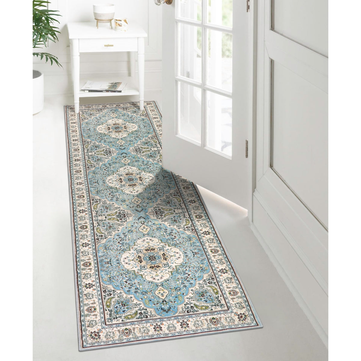 Agnes Washable Boho Floral Medallion Light Blue Rug