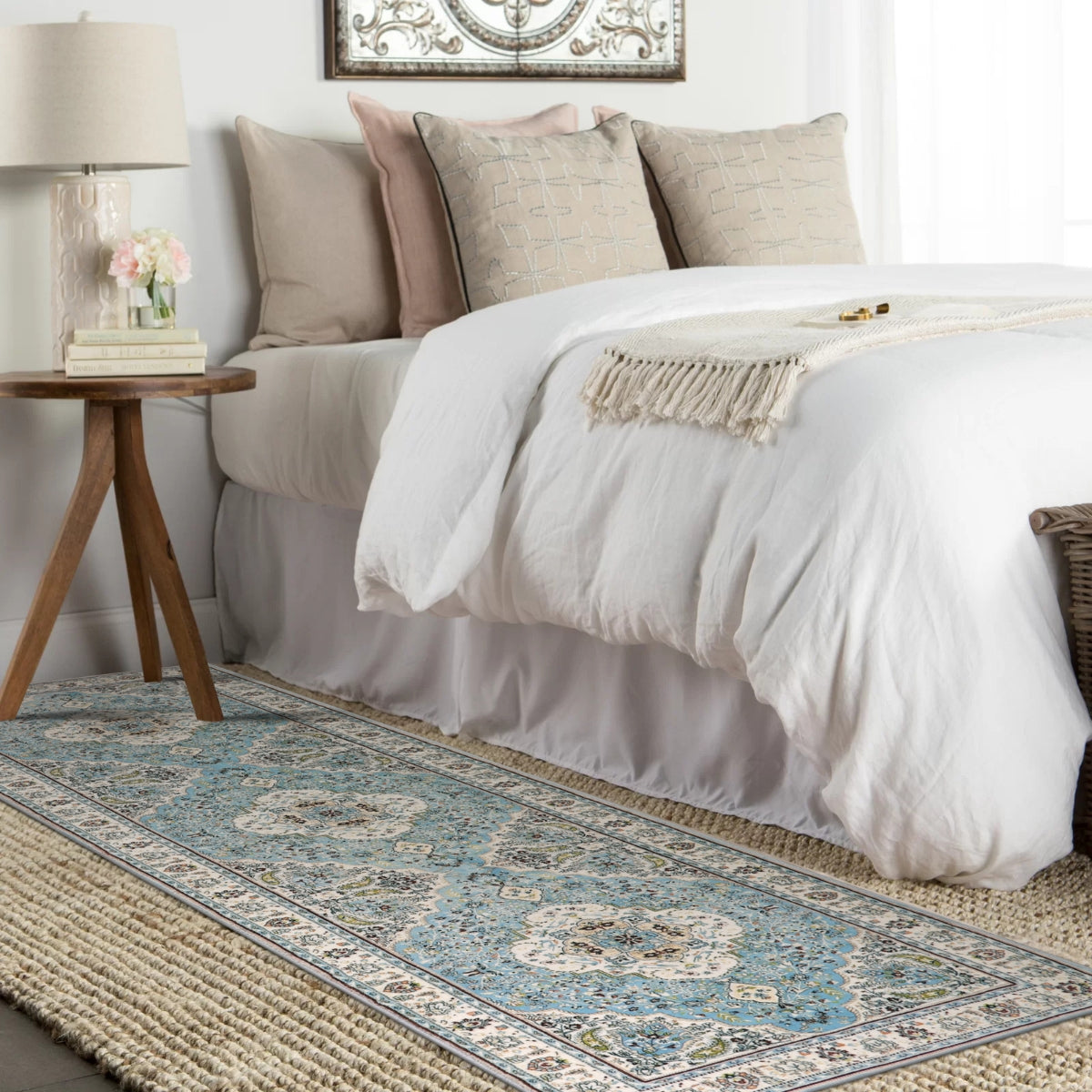 Agnes Washable Boho Floral Medallion Light Blue Rug
