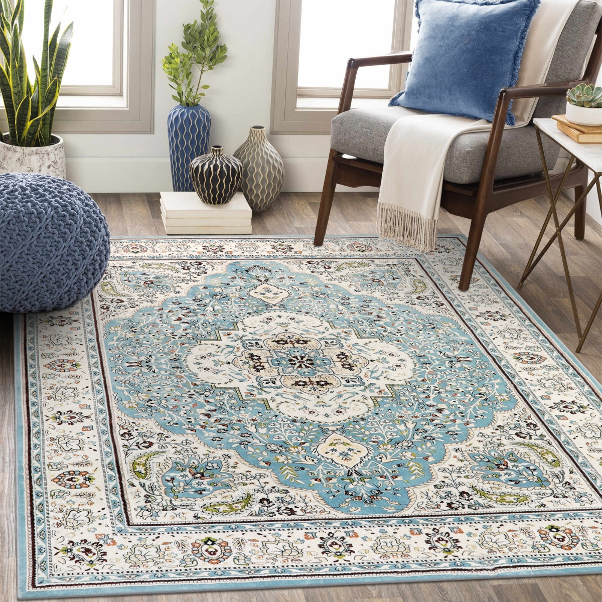 Agnes Washable Boho Floral Medallion Light Blue Rug