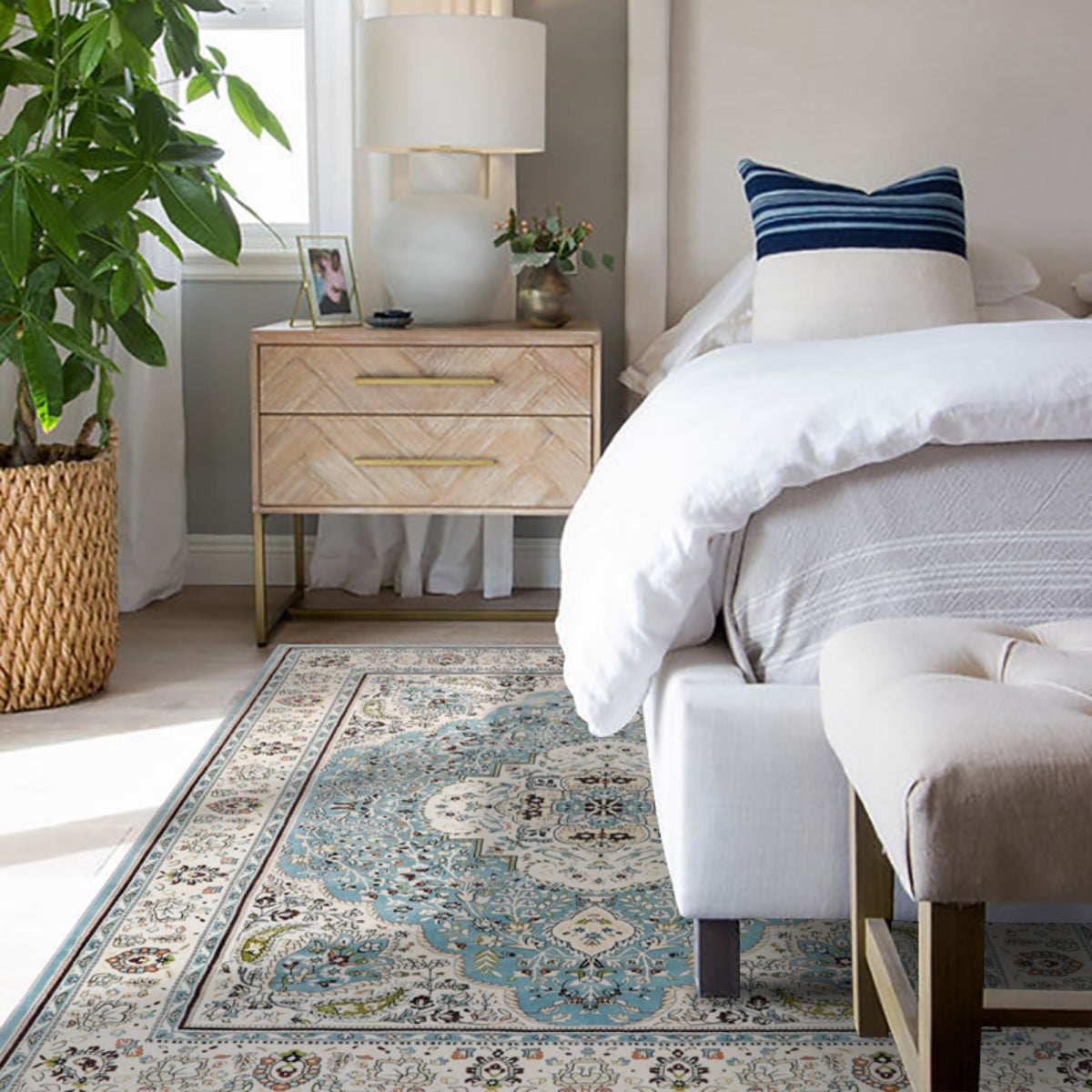 Agnes Washable Boho Floral Medallion Light Blue Rug