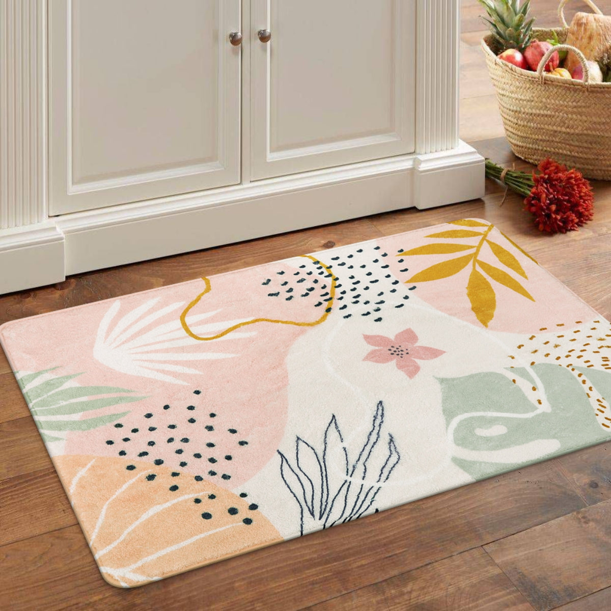 Kiki Washable Modern Botanical Leaf Print Pink Rug