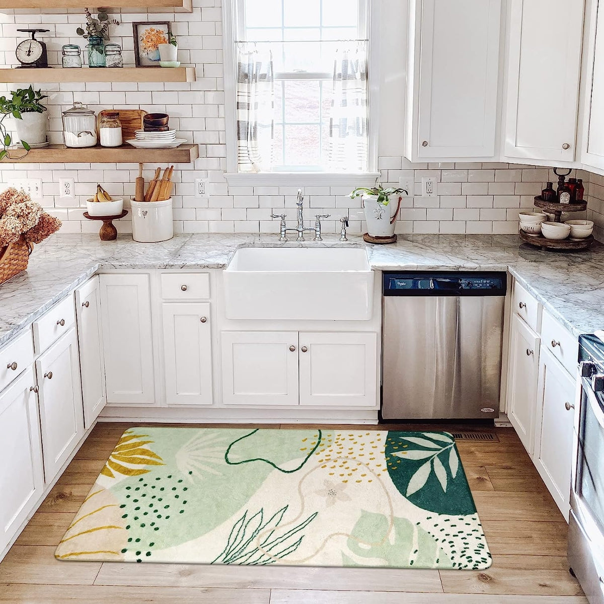 Kiki Washable Modern Botanical Leaf Print Green Rug