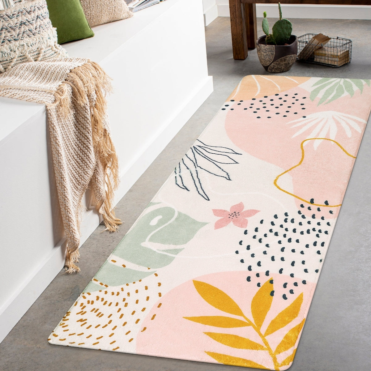 Kiki Washable Modern Botanical Leaf Print Pink Rug
