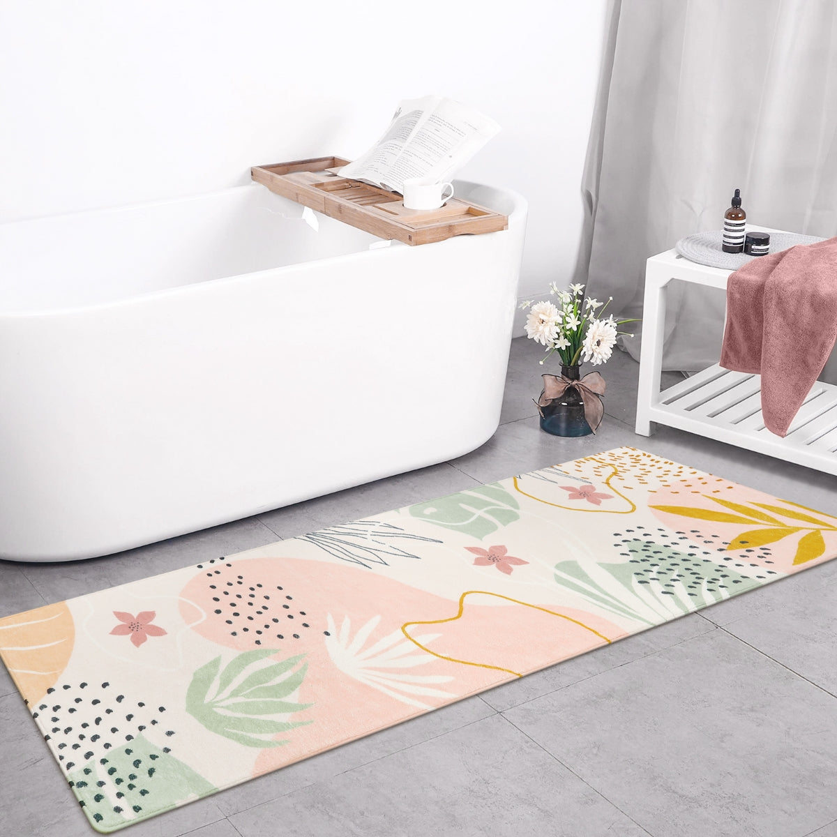 Kiki Washable Modern Botanical Leaf Print Pink Rug