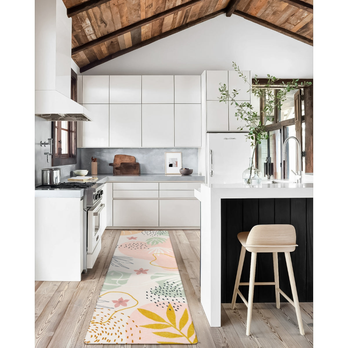 Kiki Washable Modern Botanical Leaf Print Pink Rug