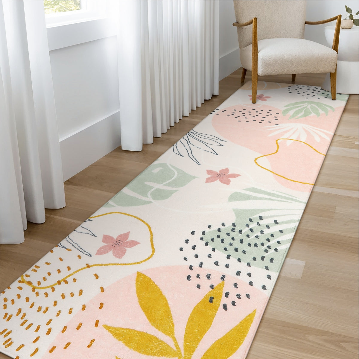 Kiki Washable Modern Botanical Leaf Print Pink Rug