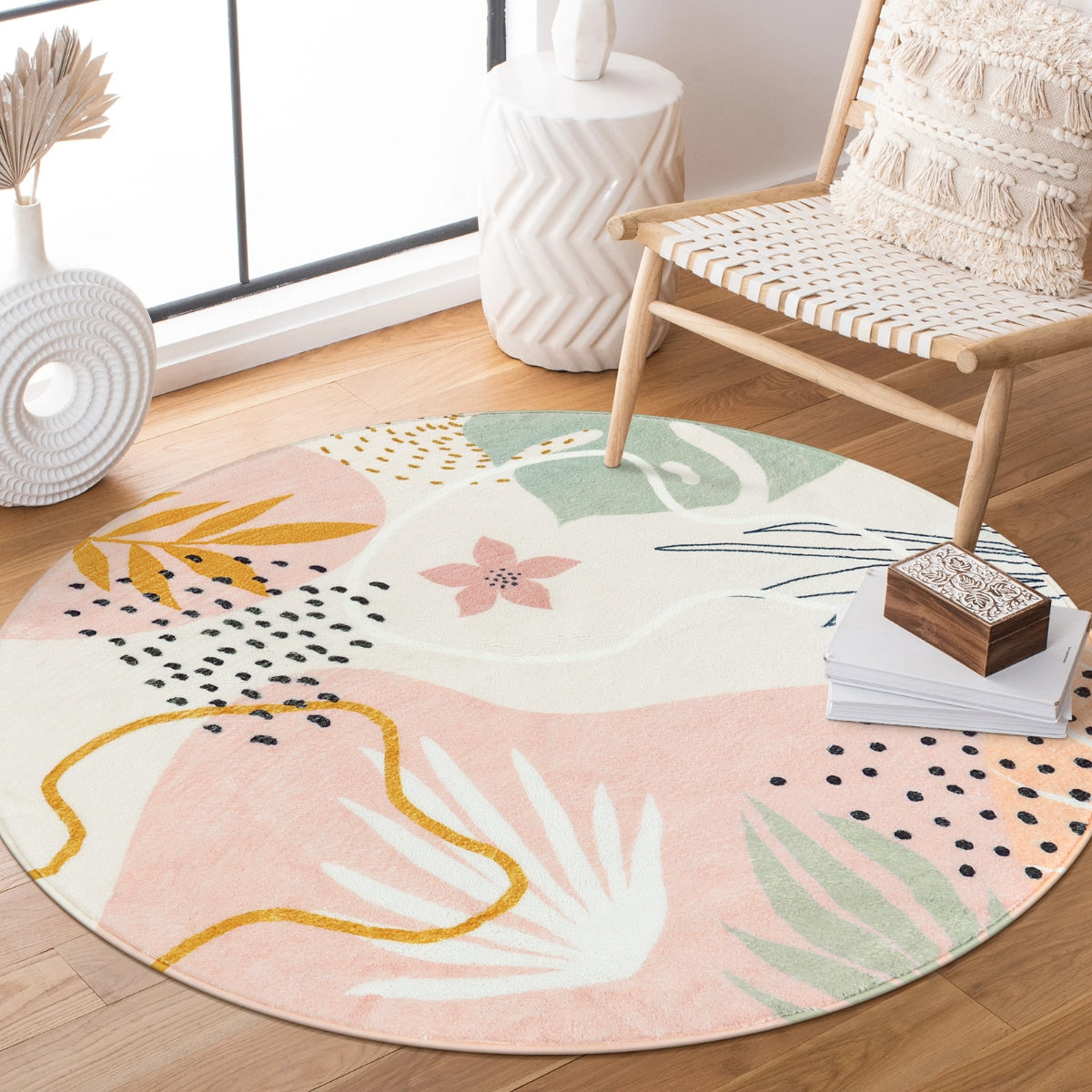 Kiki Washable Modern Botanical Leaf Print Pink Rug