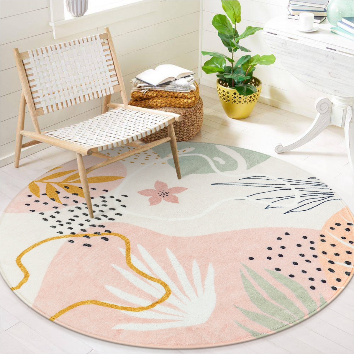 Kiki Washable Modern Botanical Leaf Print Pink Rug