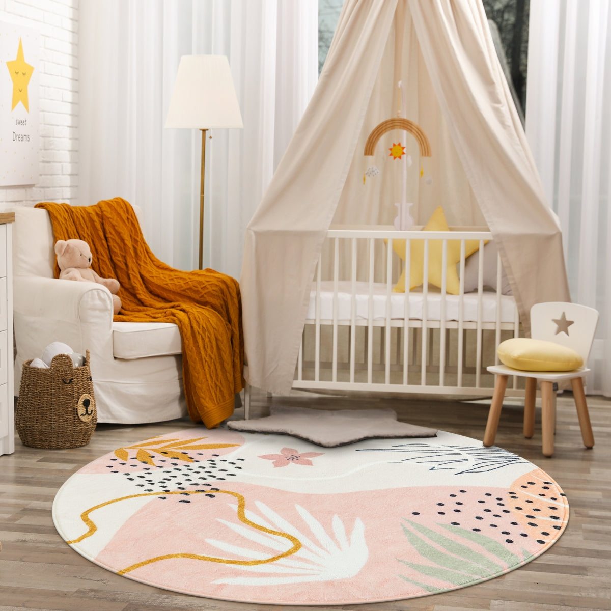 Kiki Washable Modern Botanical Leaf Print Pink Rug
