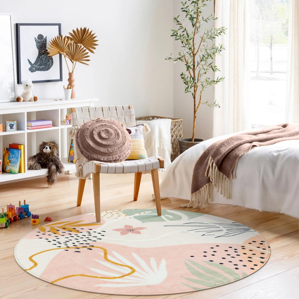 Kiki Washable Modern Botanical Leaf Print Pink Rug