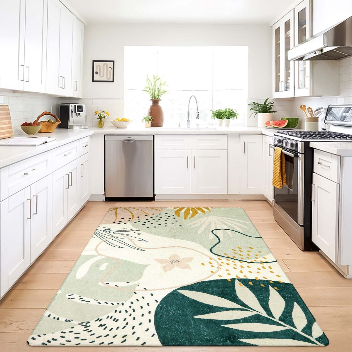 Kiki Washable Modern Botanical Leaf Print Green Rug