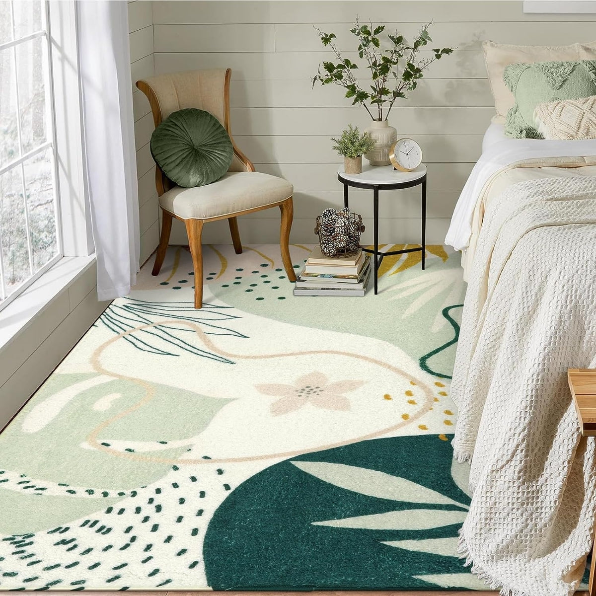 Kiki Washable Modern Botanical Leaf Print Green Rug