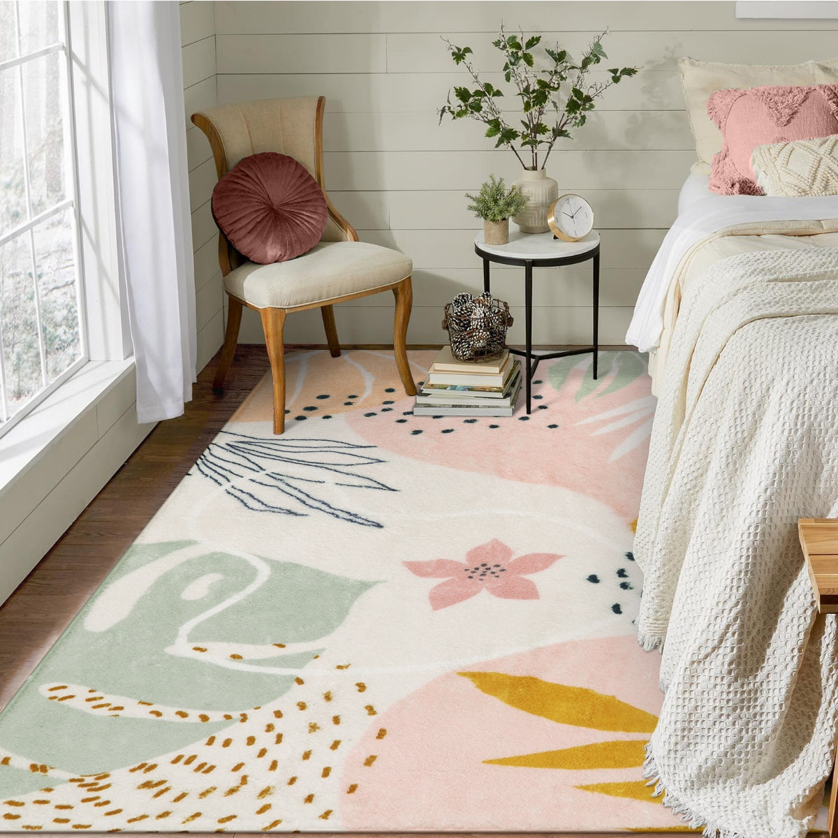 Kiki Washable Modern Botanical Leaf Print Pink Rug