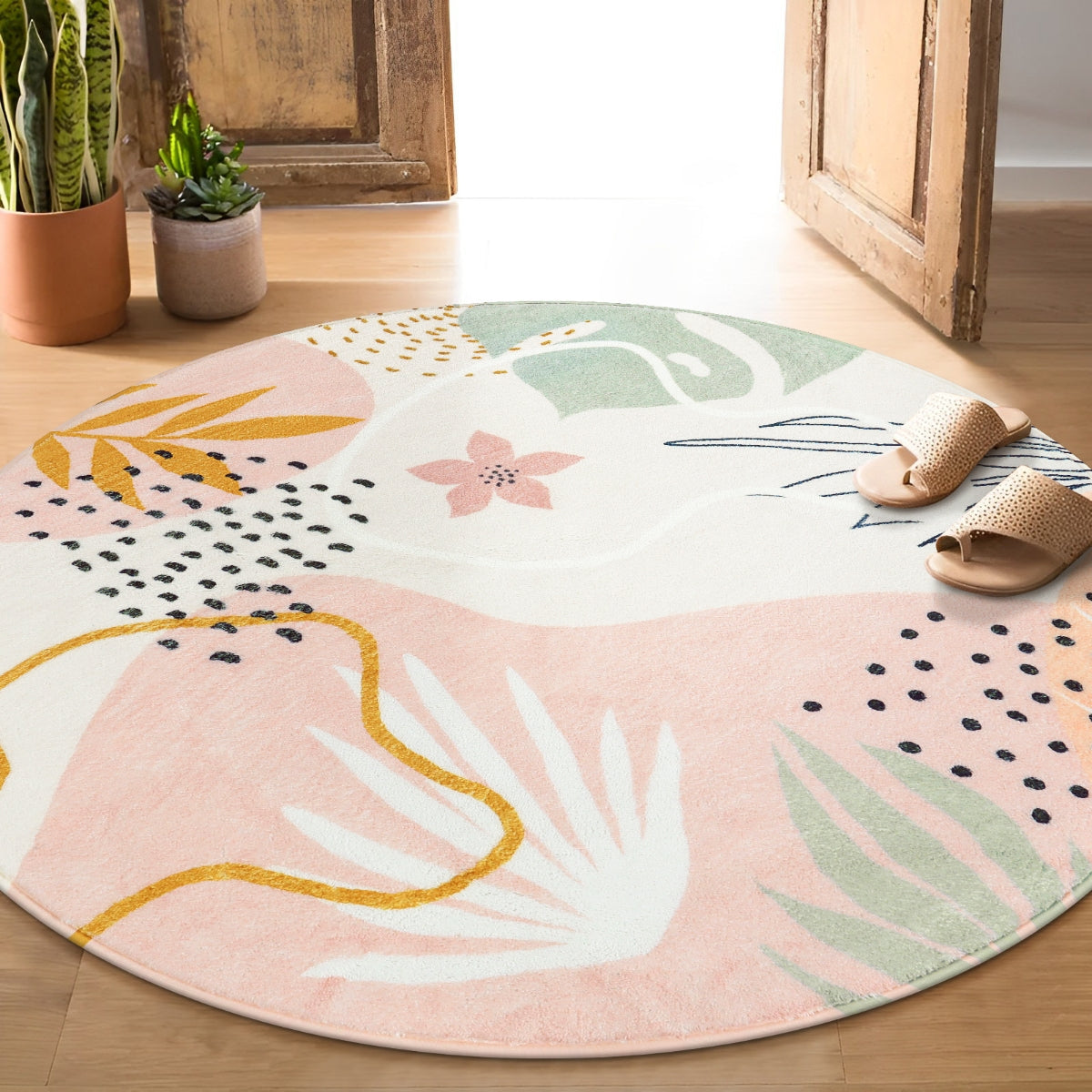 Kiki Washable Modern Botanical Leaf Print Pink Rug