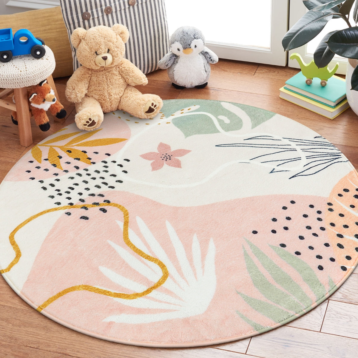 Kiki Washable Modern Botanical Leaf Print Pink Rug