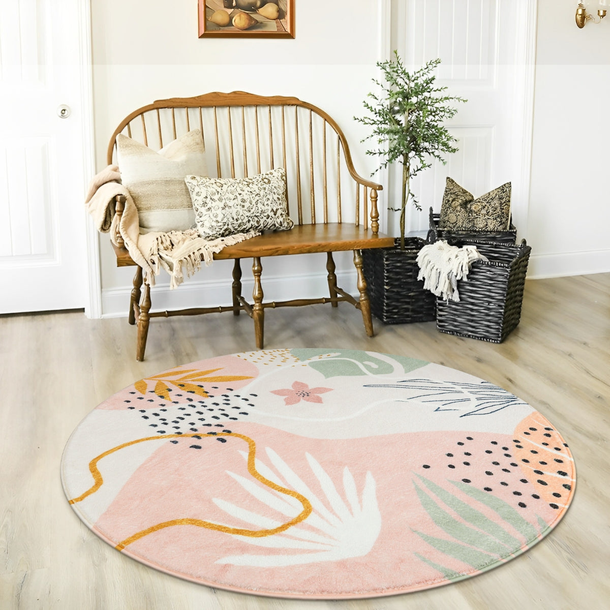 Kiki Washable Modern Botanical Leaf Print Pink Rug