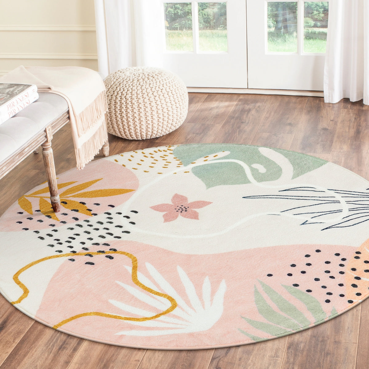 Kiki Washable Modern Botanical Leaf Print Pink Rug