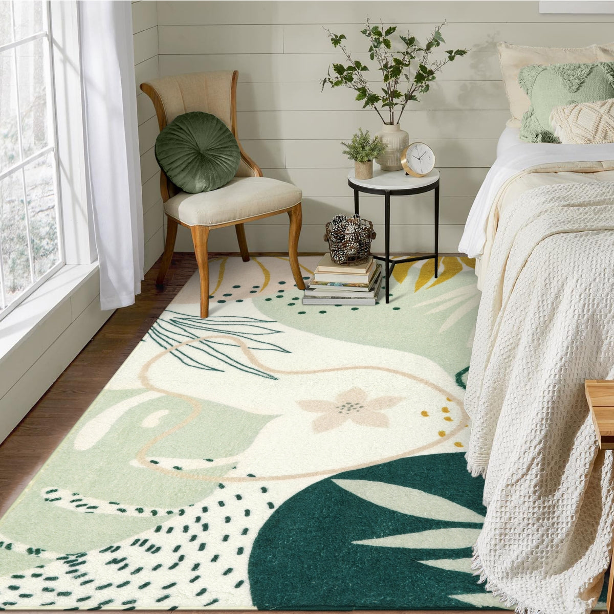 Kiki Washable Modern Botanical Leaf Print Green Rug