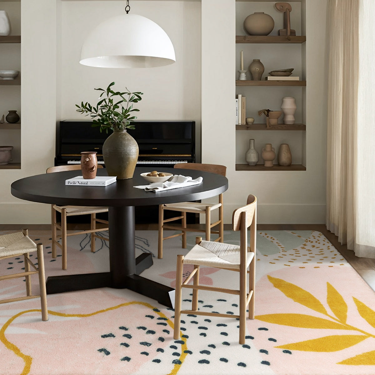 Kiki Washable Modern Botanical Leaf Print Pink Rug