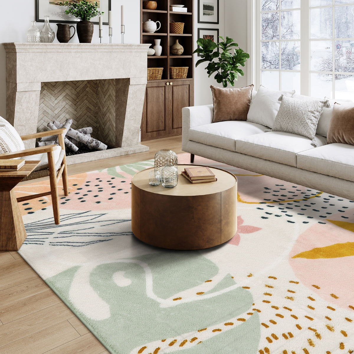 Kiki Washable Modern Botanical Leaf Print Pink Rug