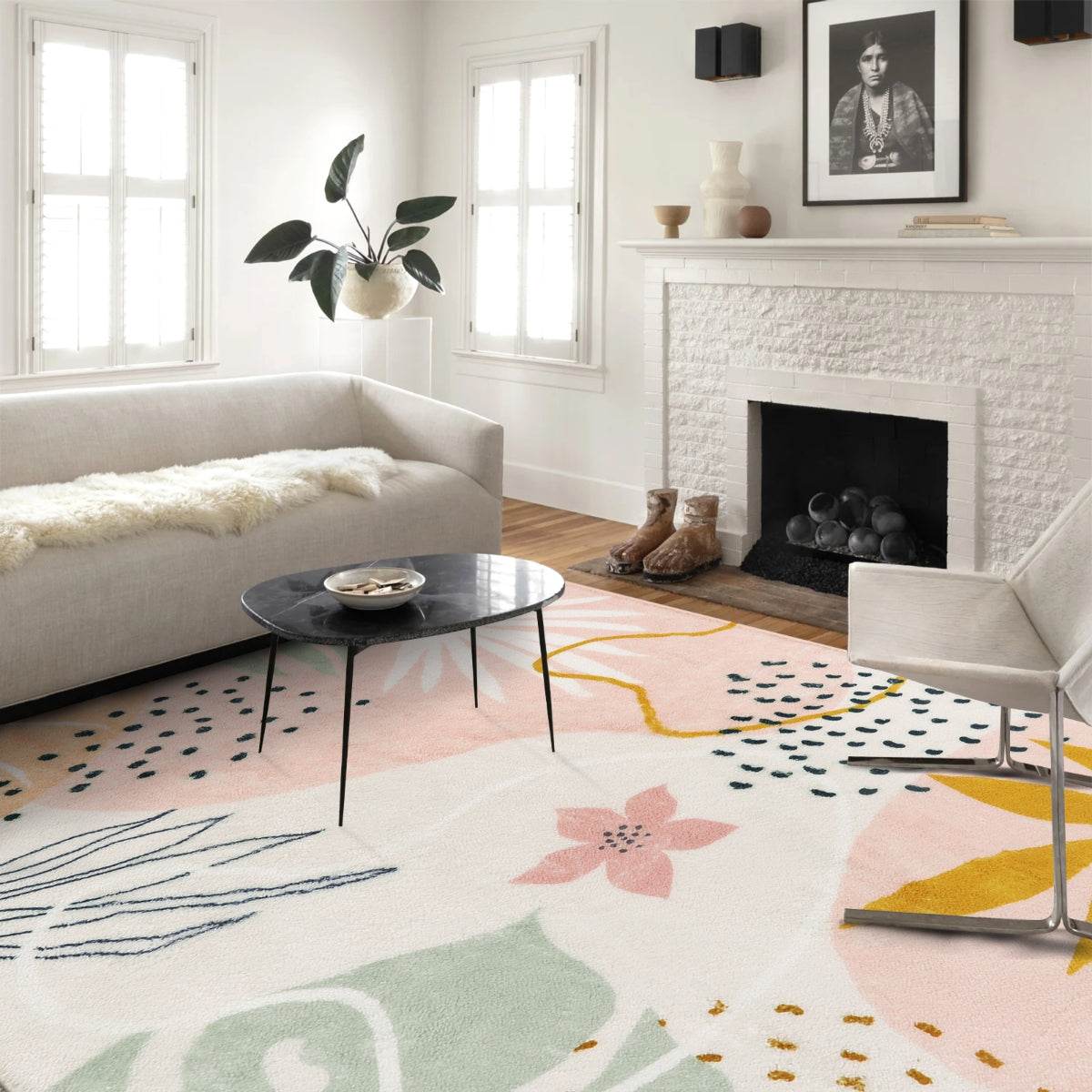Kiki Washable Modern Botanical Leaf Print Pink Rug