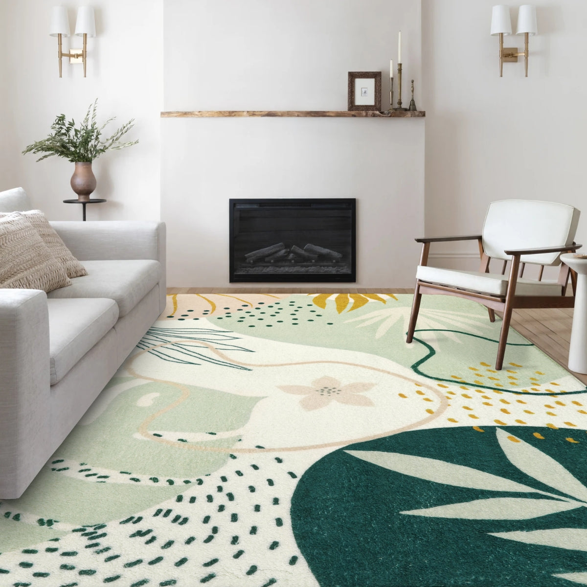 Kiki Washable Modern Botanical Leaf Print Green Rug